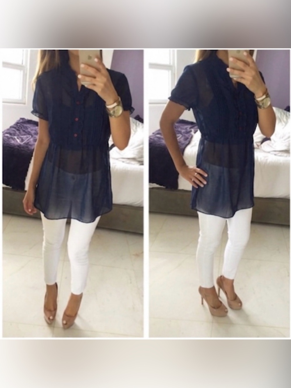 Sheer Navy Pintuck Ruffle Blouse